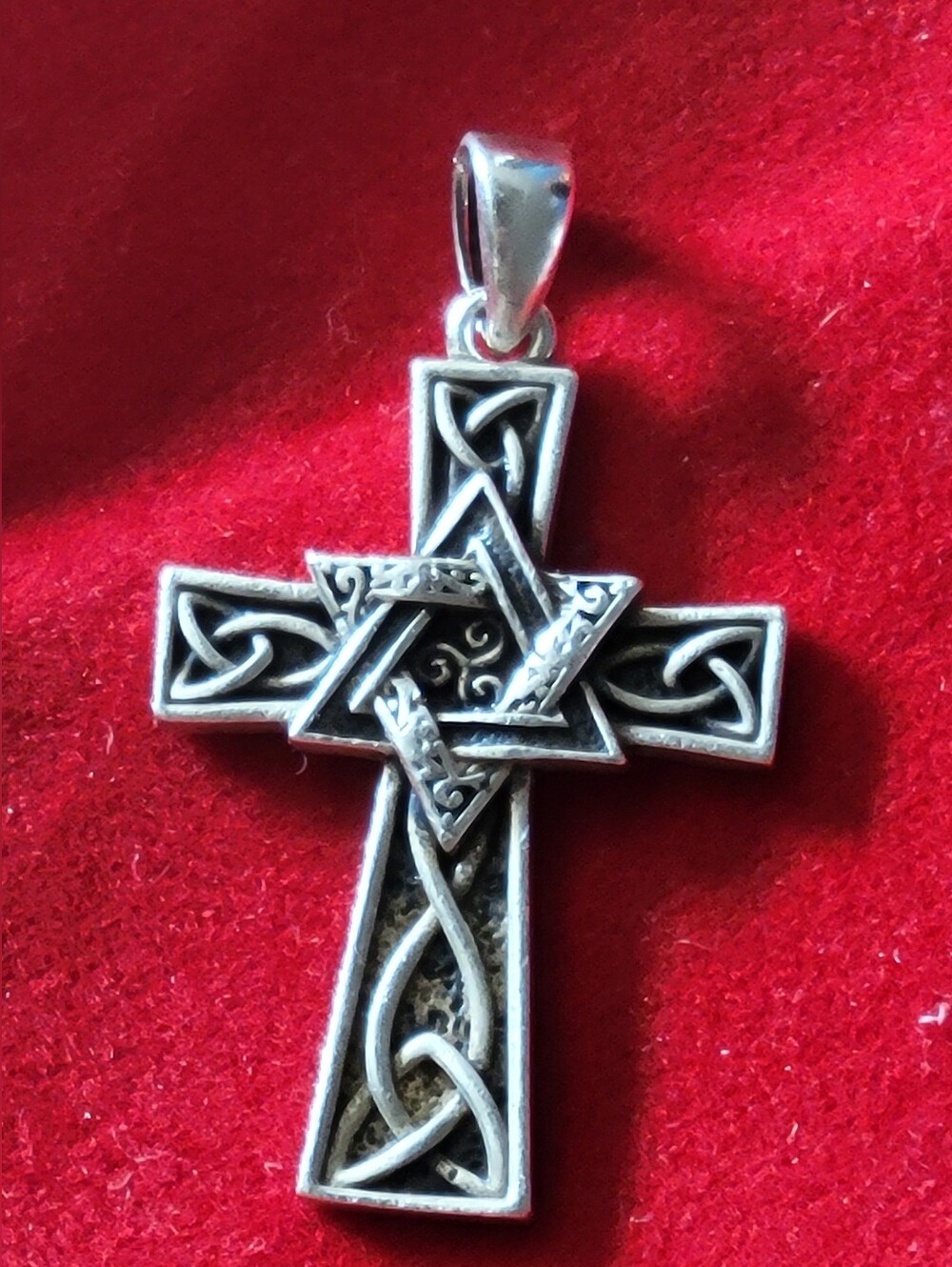 925 Sterling Silver Celtic Cross Pendant, 32mm Oxidized Knotwork & Triquetra